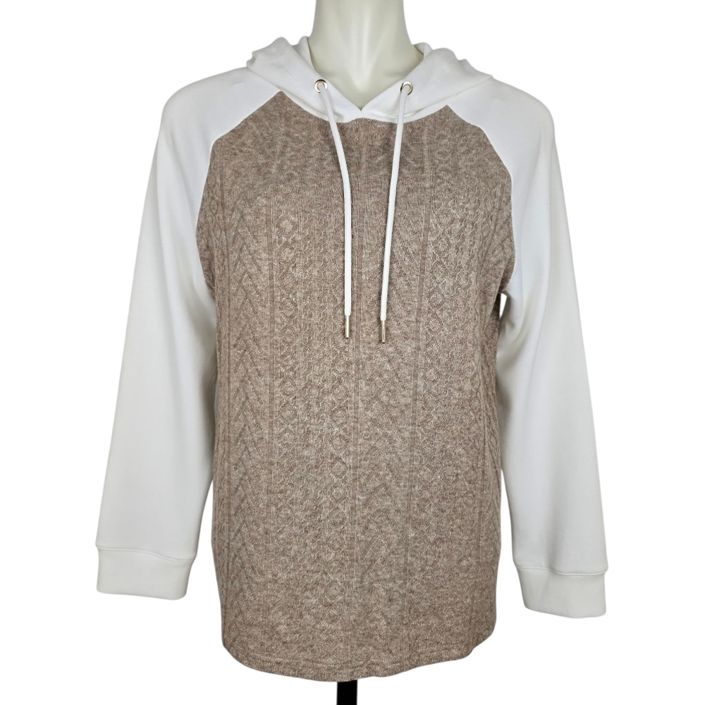NWT TRIBAL Women's Oatmeal Cable Knit  White Hooded Sweatshirt Stretch M